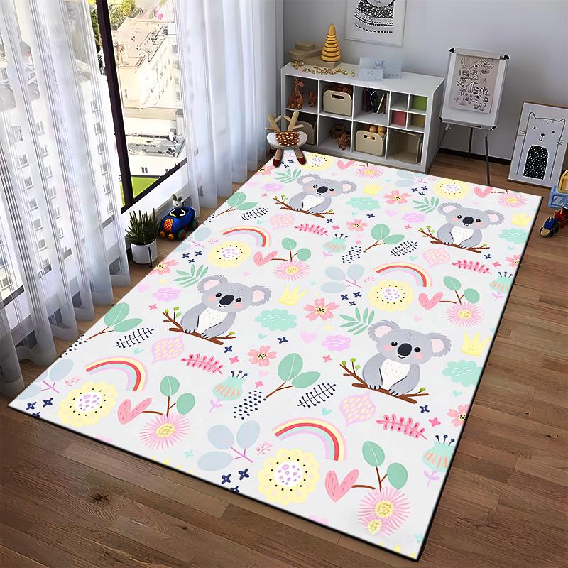 Cute Koala Cartoon Carpet with Rainbows and Floral Pattern Design Suitable for Use As an Anti-slip for Living Room Bedroom Sofas