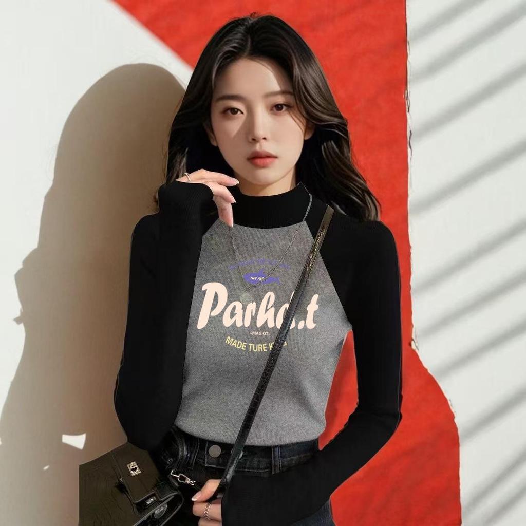 Women's Chic Velvet Raglan Color Block Slimming Long Sleeve Stand-up Collar T-Shirt