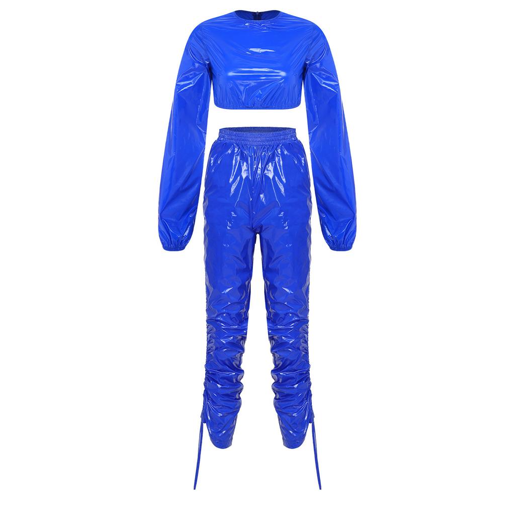 Waterproof Vinyl Long Sleeve Crop Top and Elastic Waist Capri Pants Set with Back Zipper Side Drawstrings for Women Fitness Workout