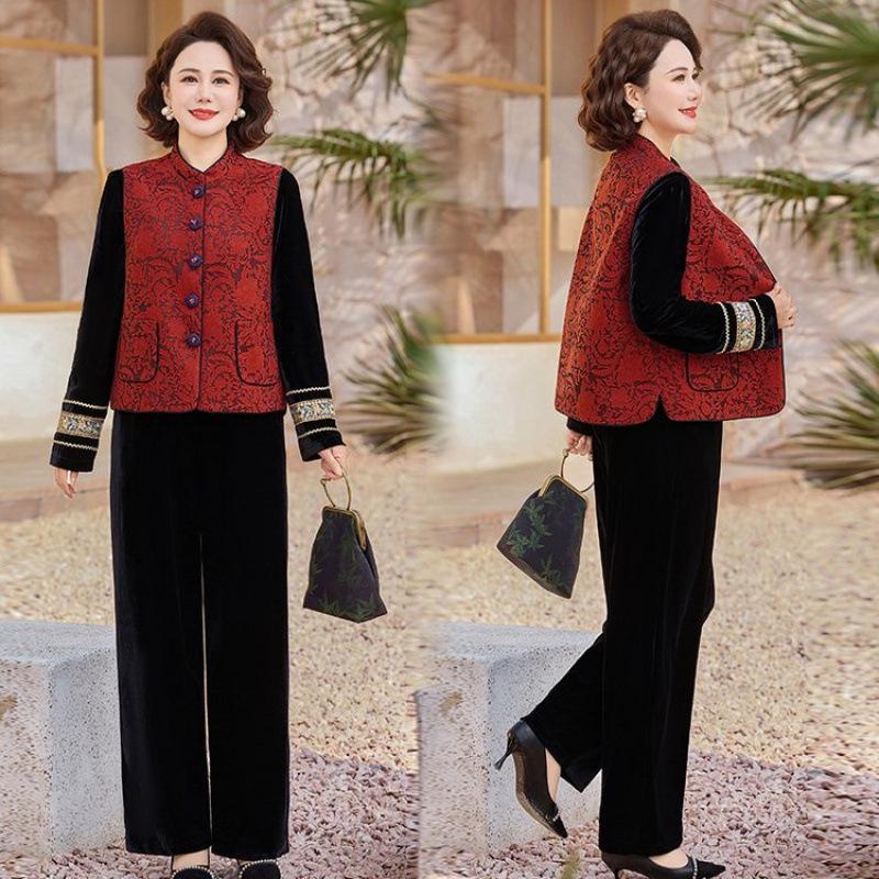 Elegant Spring/Autumn Three-Piece Tang Suit Set for Middle-Aged Women - Includes Vest, Top, and Jacket
