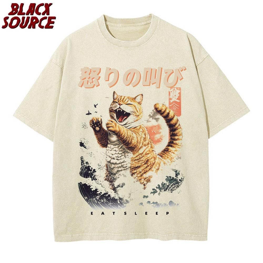

HD Catzilla Cat Japanese Art Funny Cat Gifts for Men Women High Quality ONeck Short Sleeves Cotton TShirt Tops S