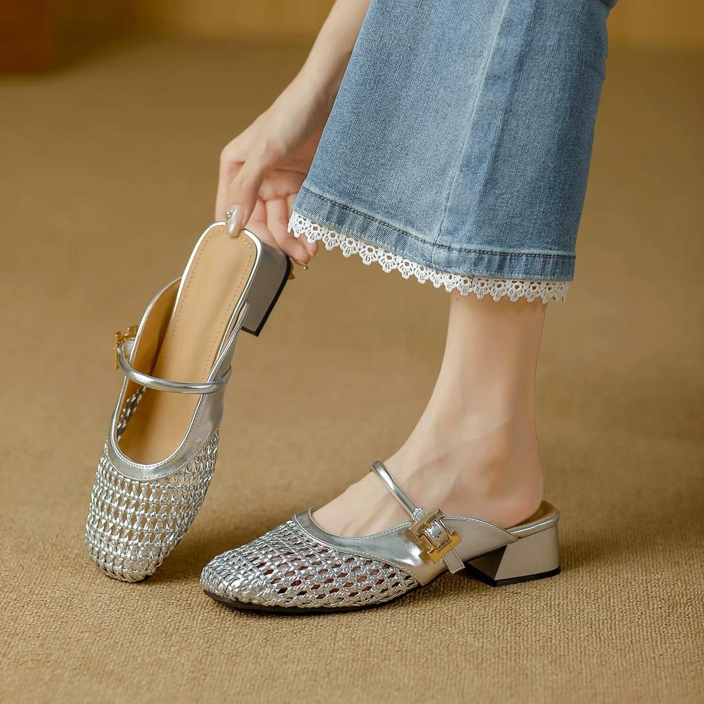 Square head woven hollow bag head half slippers women's 2025 summer new wear thick heel fashion sandals