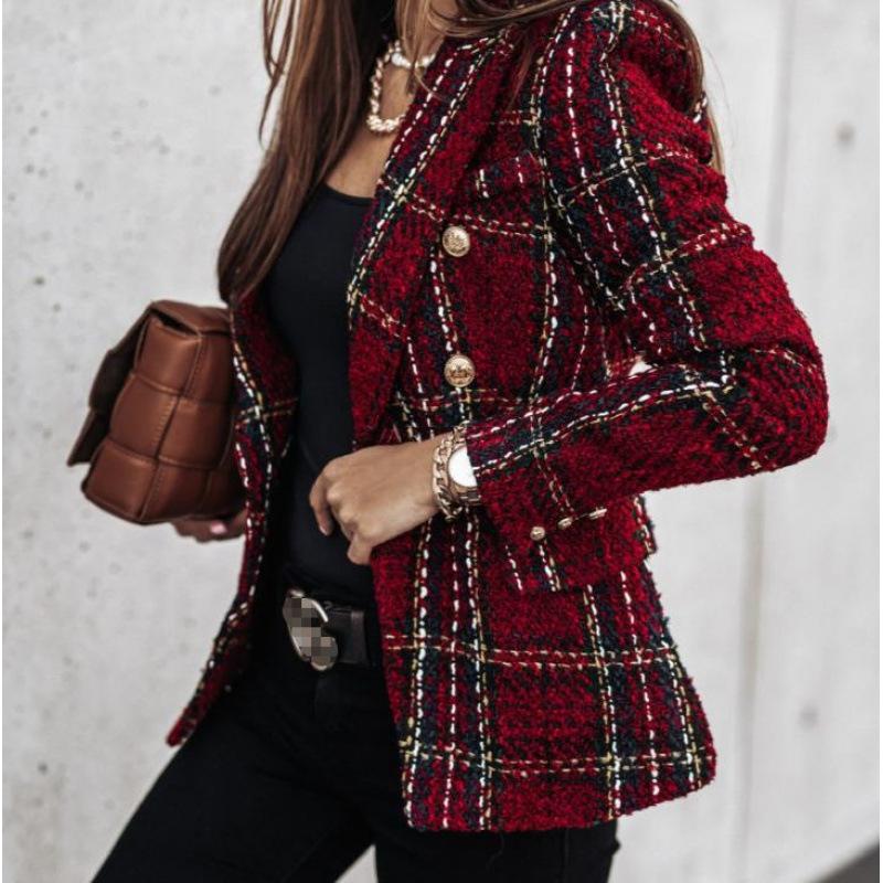 women s Plaid Print Double Breasted Blazer Lapel Collar Long Sleeve Slim Fit Short Coat Vintage Outerwear S бордовый
