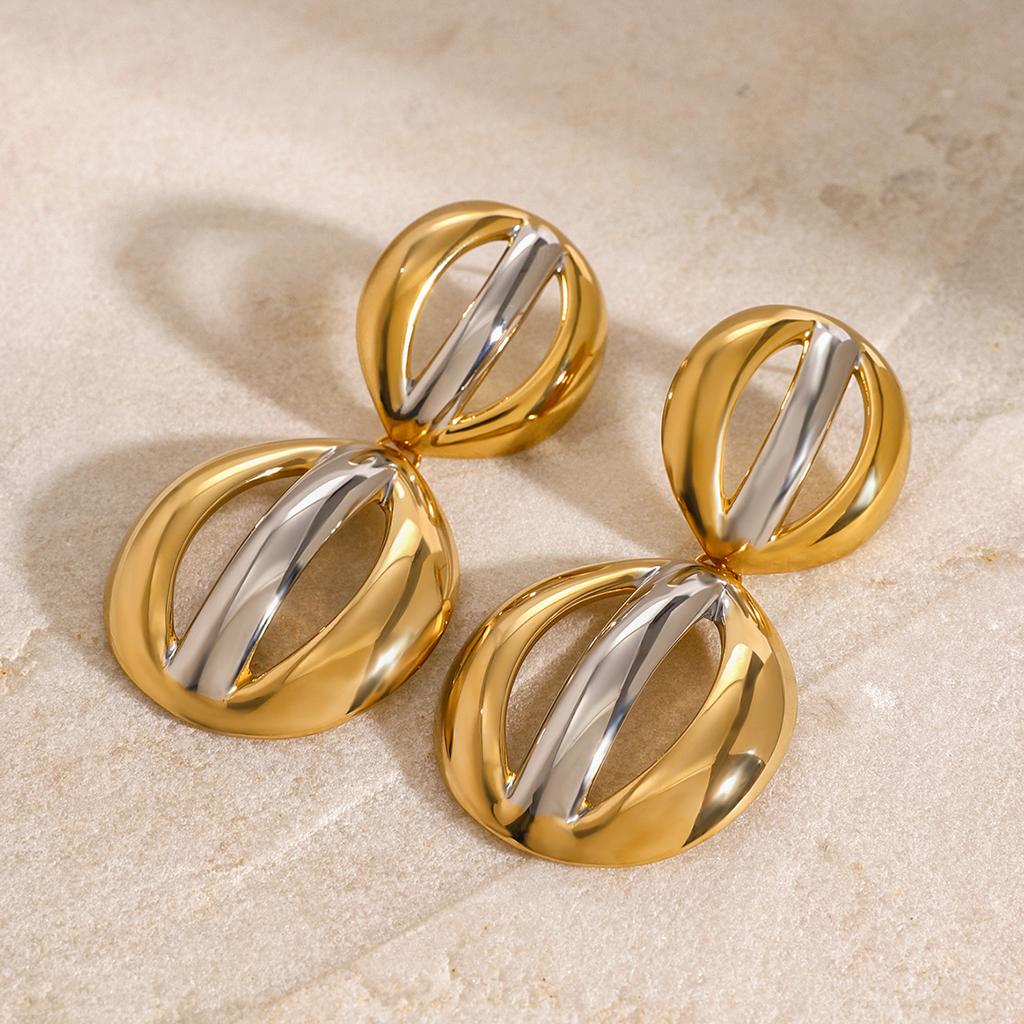 Yori Two Tone Silver Color Gold Color Tone Oval Earrings Metal Charm Texture Jewelry Accessories Xmas gift