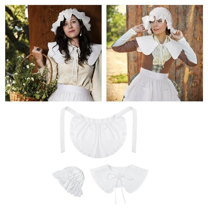 3 Pcs Colonial Apron Pilgrim Costume Set Colonial Costume Set White Mobs Caps Half Apron for Girl Maid Costume Cosplay