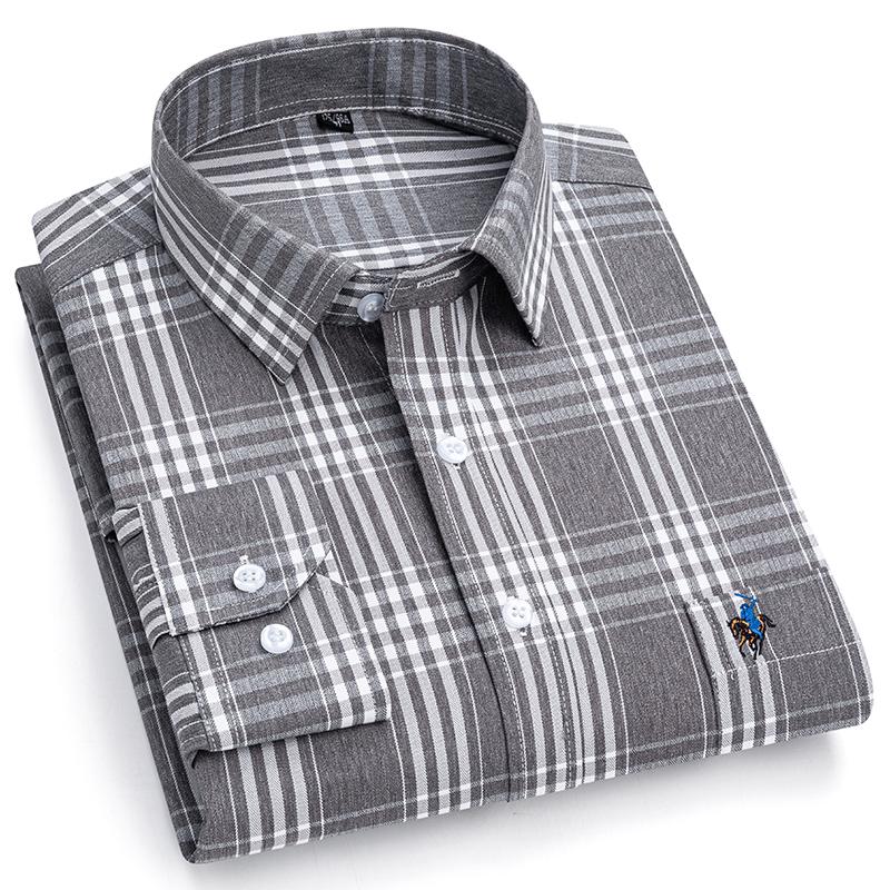 Pure Cotton Plaid Shirts for Men Logo Long Sleeve Quality Formal Business Man Shirt