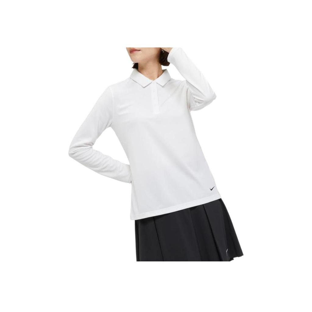 Nike Dri-FIT Victory Solid Logo Print Long Sleeve Polo Shirt Women Tops White DH2317-100