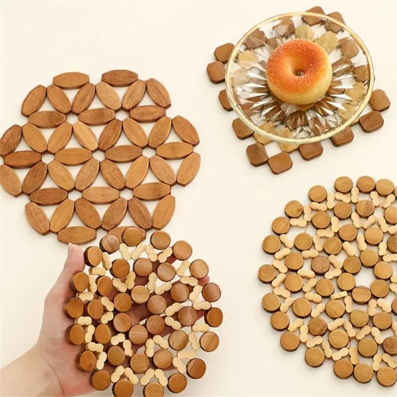 3PCS Bamboo Coaster Heat Insulation Pad Dining Plate Table Mat Hollow Bowl Mat Table Decoration Kitchen Accessories