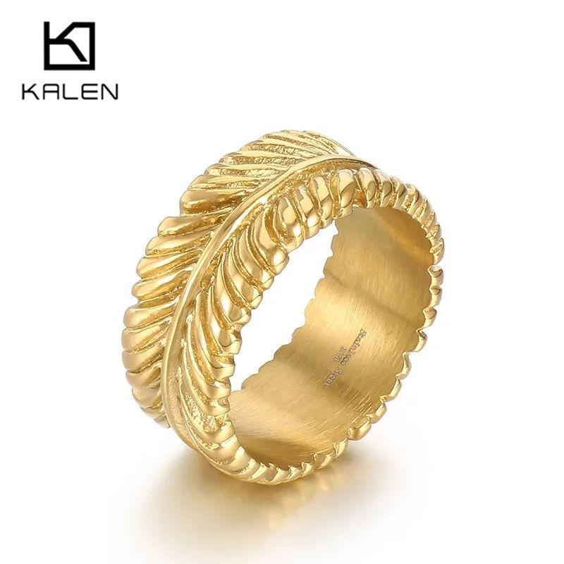 Hip Hop Personality Stainless Steel Feather Ring for Men Women 10MM Color Gold Round Finger Rings Trendy Jewelry Male Charm Gift