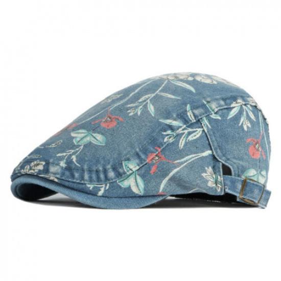Retro Lady Denim Newsboy Cap Floral Print Beret Flat Hat Ethnic Cabbie Baker Boy