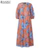 ZANZEA Women Summer V-Neck 3/4 Sleeve Loose Casual Print Dress
