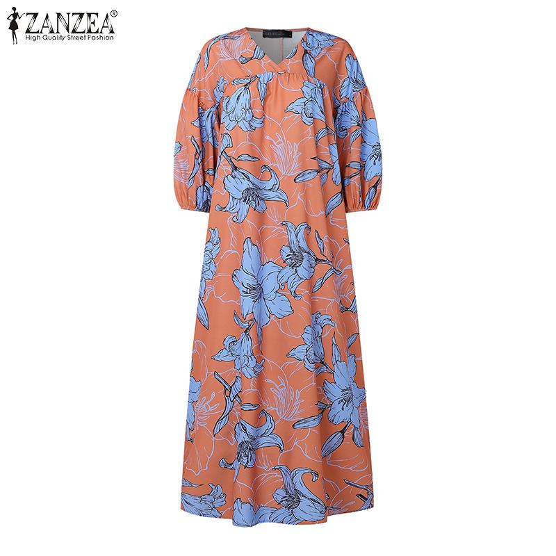ZANZEA Women Summer V-Neck 3/4 Sleeve Loose Casual Print Dress