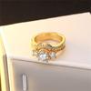 Women Zircon Full Pave Inlaid Bridal Ring Set Three Stone Engagement Wedding Band Jewelry