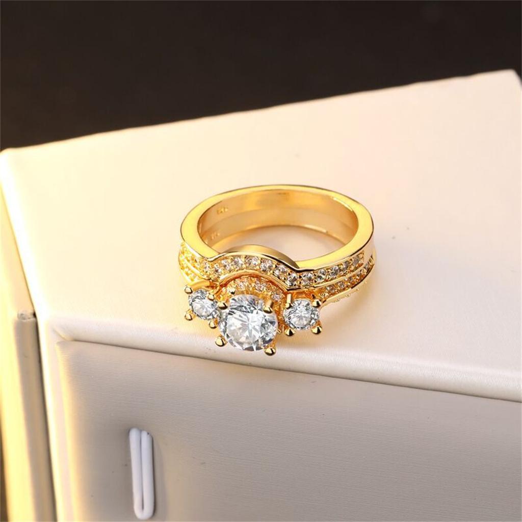 Women Zircon Full Pave Inlaid Bridal Ring Set Three Stone Engagement Wedding Band Jewelry