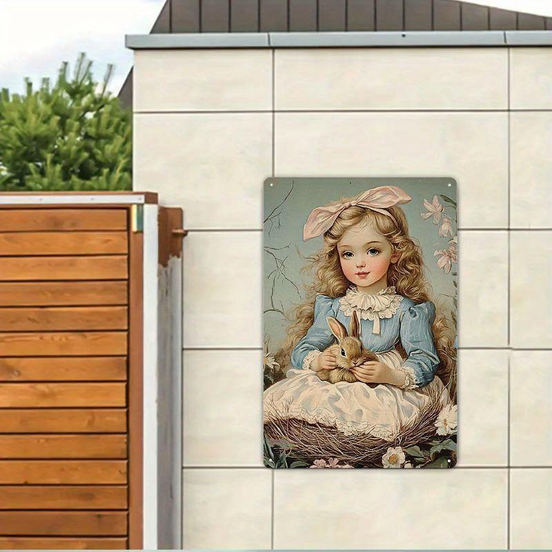 Easter Bunny Girl English Vintage Rustic Decor Iron Wall Art Sign x Inch for Home Garden