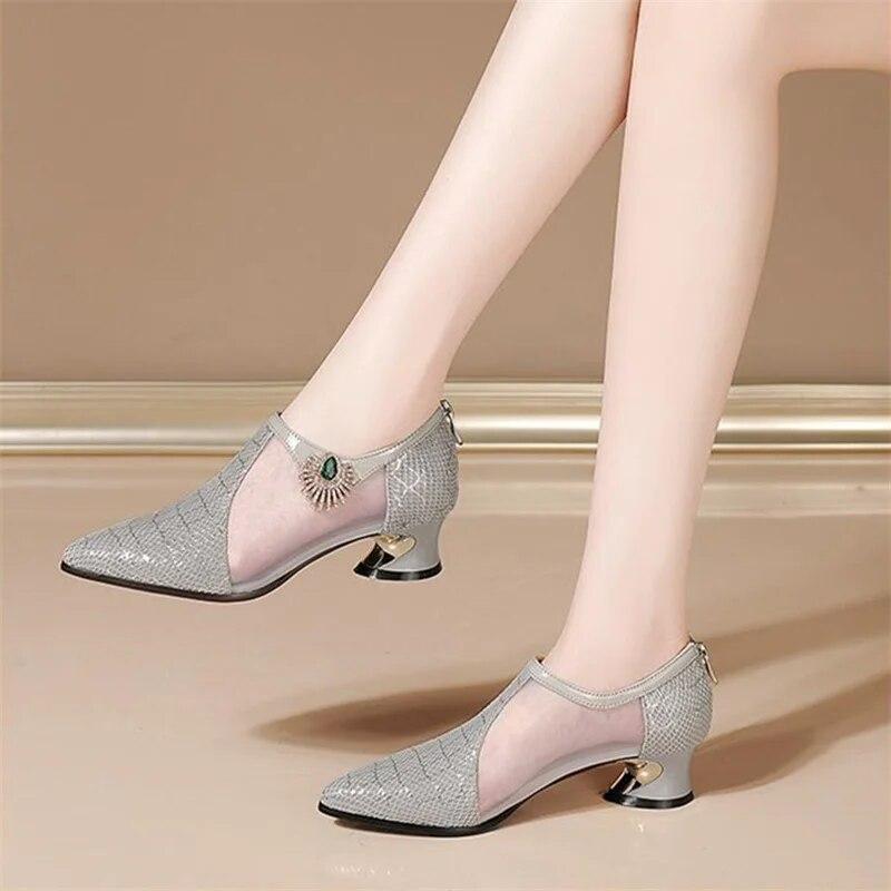 Women Cute Mesh Pumps Fashion Sweet Breathable Square Heel Shoes Spring Summer Casual Party Footwear