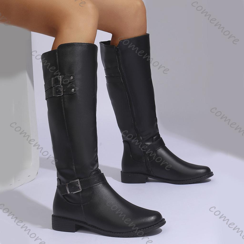 Comemore Women's High Boots Autumn New Black Belt Buckle Knight Boots for Woman Thick Heeled Knee High Bottes Femmes