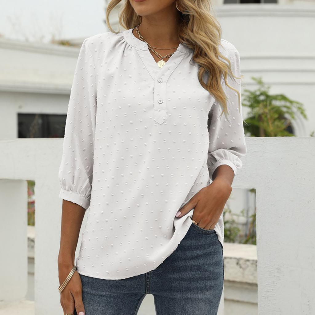 Women's Casual Loose-fitting Spring/Summer Stand Collar Mid-Sleeve Shirt Pom-Pom Top