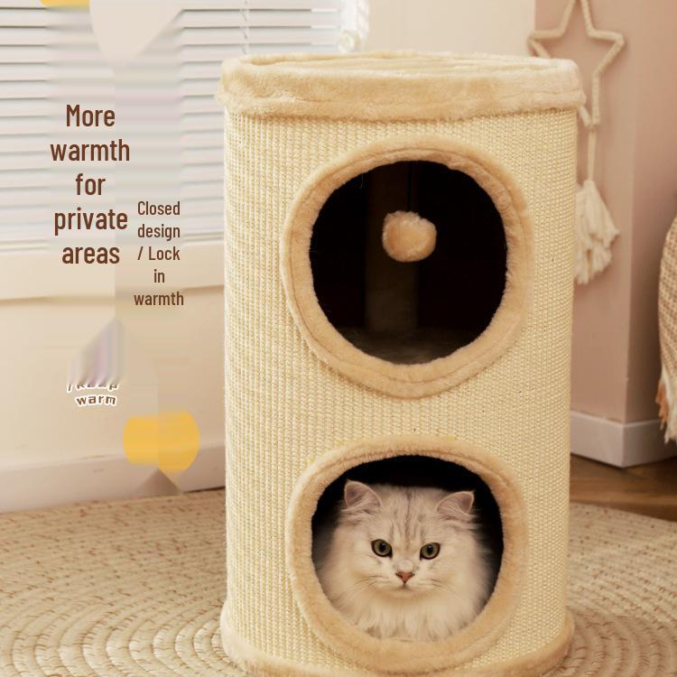 Compact Cat Tree & Bed with Enclosed Two-Layer Design, Scratching Board, Sisal Barrel - All-Season