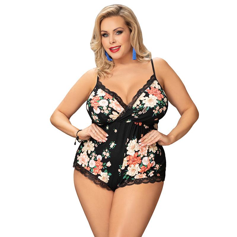 

Женская домашняя одежда большого размера с принтом, глубоким V-образным вырезом, подтяжками, цельная сексуальная эластичная пижама с глубоким V-образным вырезом 5XL(INTL.3XL-4XL)