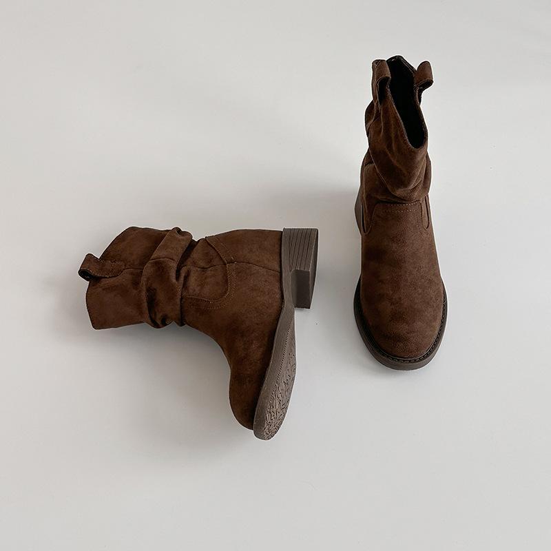 

Европейские и американские ретро ботинки-вестерны с круглым носком и толстым каблуком, женские осенне-зимние новые модные универсальные ботинки до середины голени на высоком каблуке, модные 39 темно-коричневого