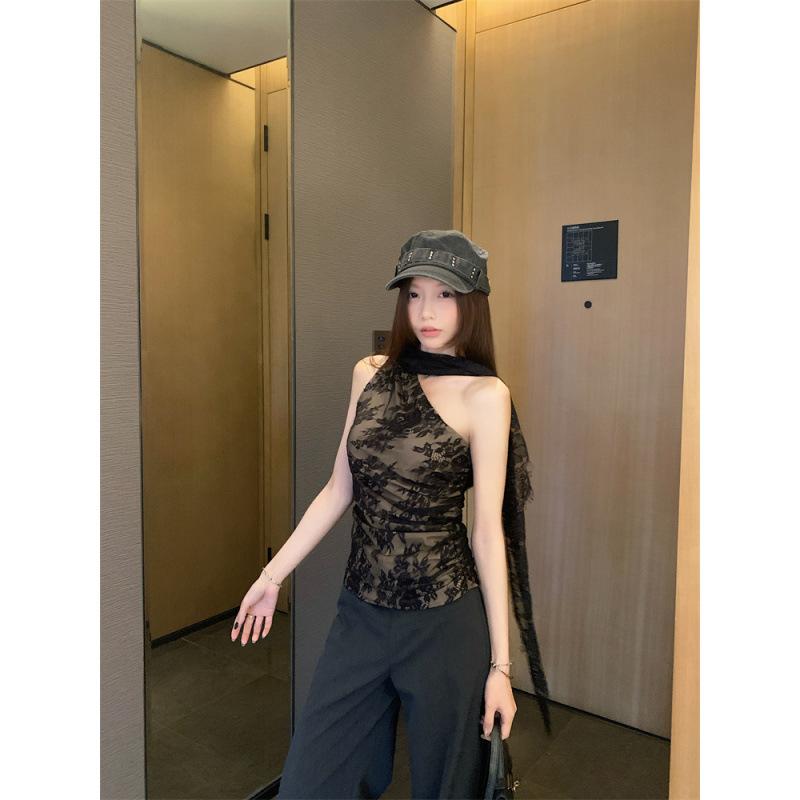 Real Price~ White Lace Neck Sling Top, Women's Summer Pure Desire To Hug Tightly, Sleeveless Vest