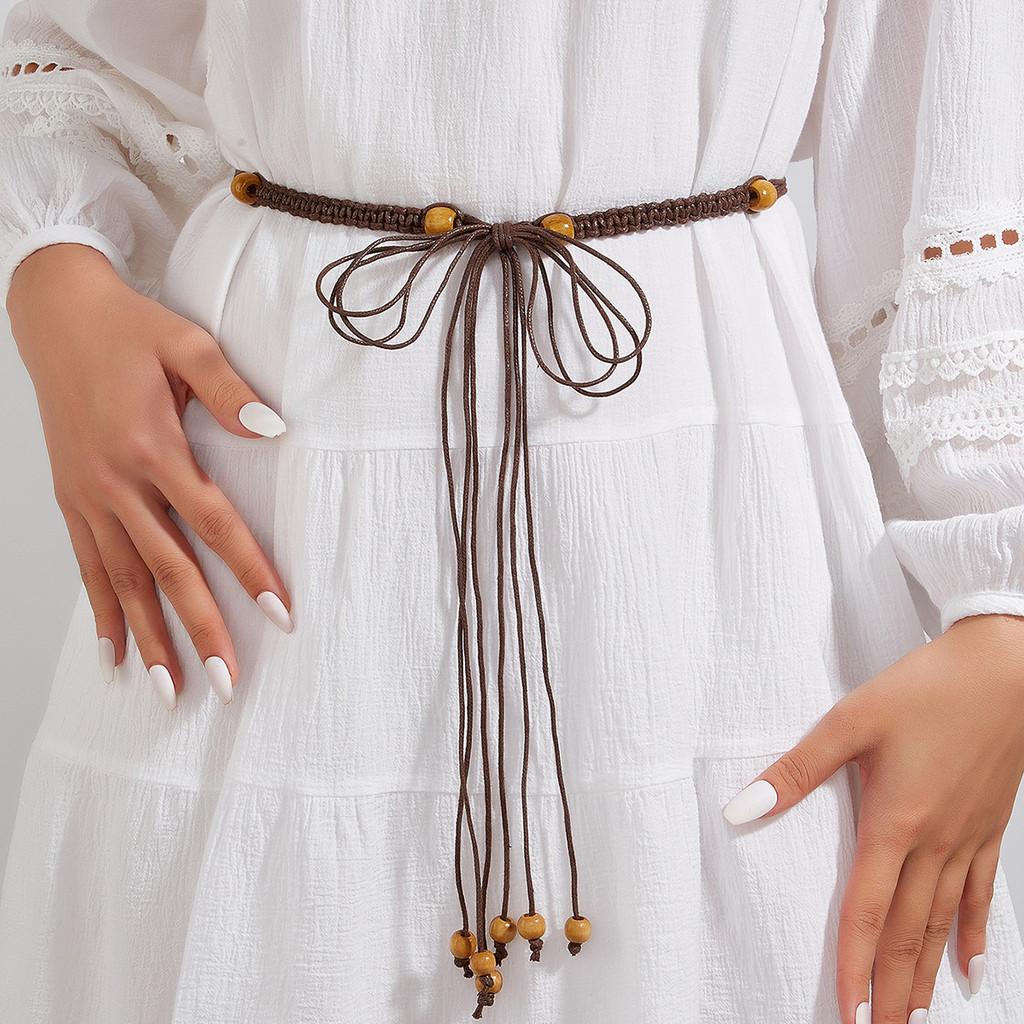 Inspired Cotton Ethnic Womens Belt Wooden Bead Pendant Fashion Waist Rope