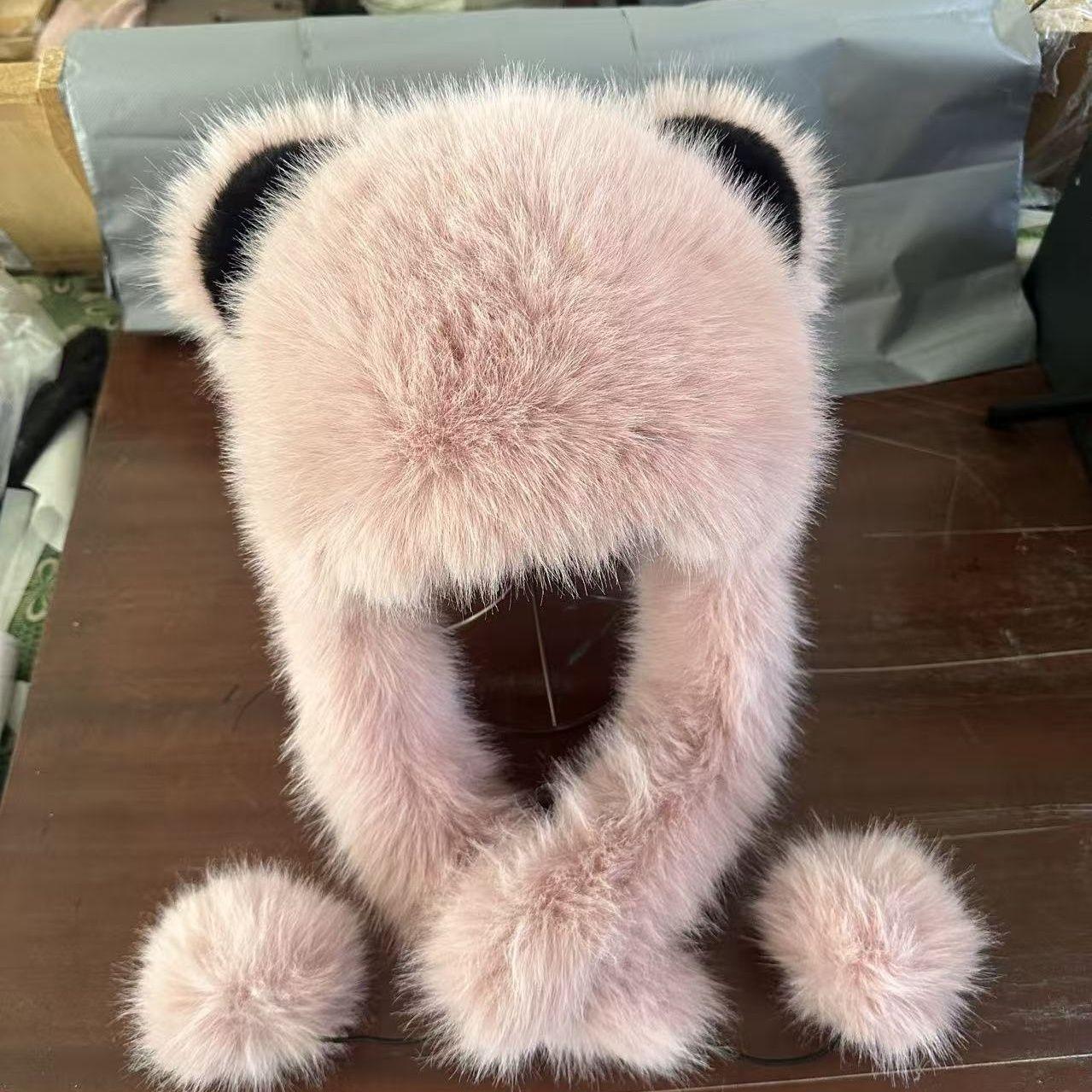 

Women s Winter Hat New Faux Fox Fur Cute Ears Warm Thickened Bear Earflap Hat one size рожевий