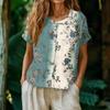 Women's Vintage Style Henley Collar Button Front Floral Print Blouse Short Sleeve Casual Top Lightweight Fabric Relaxed Fit