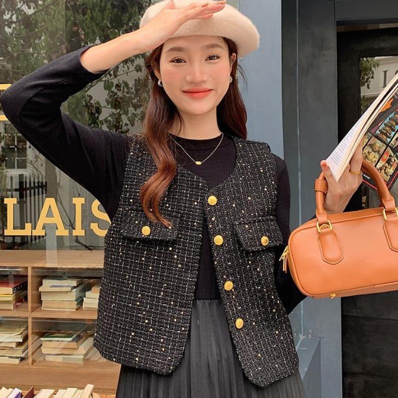 Women's Tweed Vest Elegant Sleeveless Button Up Waistcoat Casual Outerwear