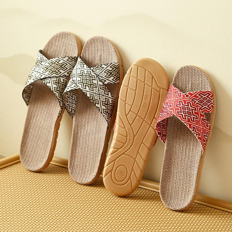 Women's New Style Ethnic Cross Strap Flower Linen Slippers - Cool and Natural for Home