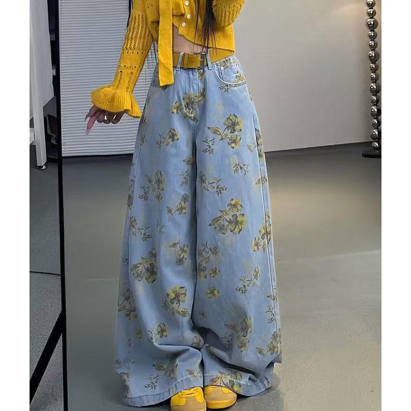 Florale Wide Leg Jeans für Damen Locker Hohe Taille Lässige Damenhosen Mode Denim Hosen 2026