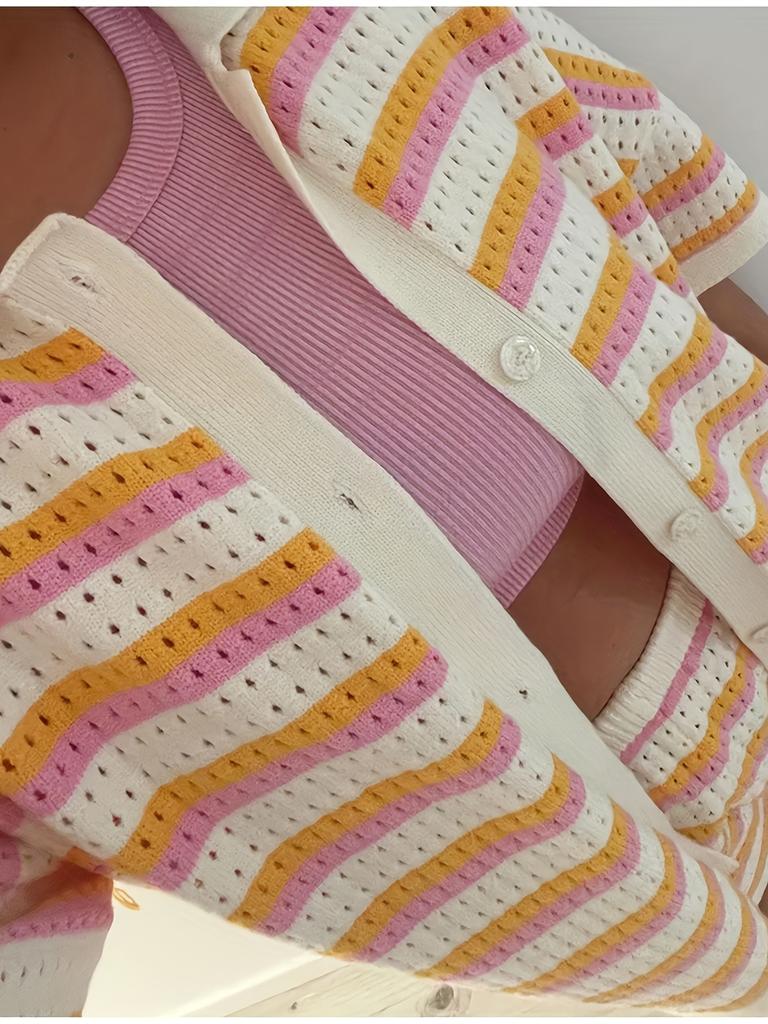 Ensemble short à manches courtes rayé patchwork bicolore pour femme