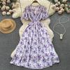 Women Summer Spring Short Sleeve Flower Print V-neck Casual A-Line Ankle-Length High Waist Dress
