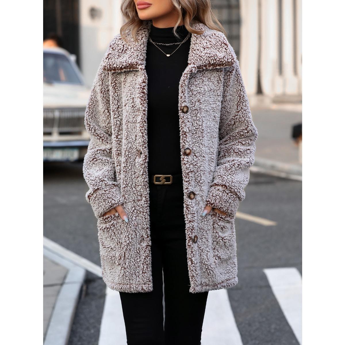 

Новий жіночий фланелевий кардиган-пальто осінь-зима 2025 року, вільного крою, з лацканами, однобортний, середньої довжини, повсякденний верхній одяг для Європи та Америки XXL колір світло кави