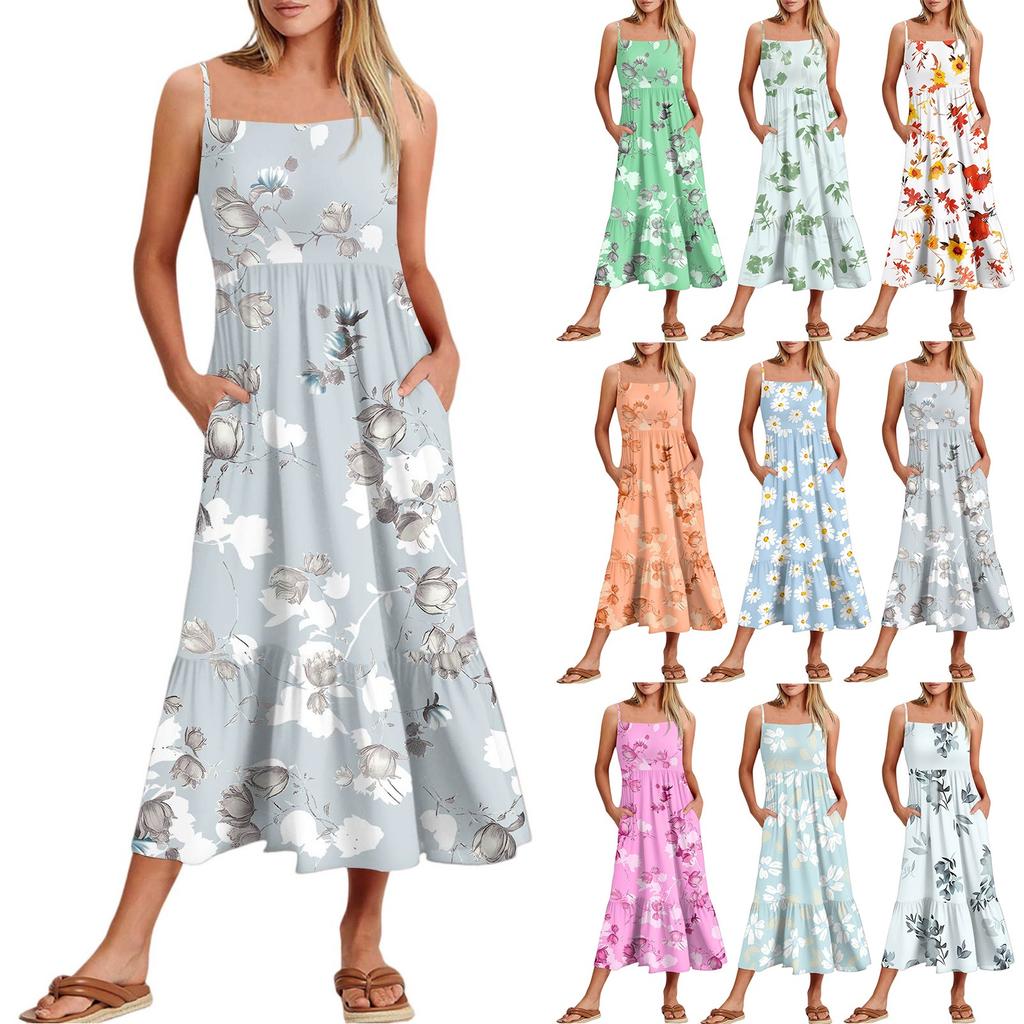 Women's Summer Spaghetti Strap Patchwork Beach Vacation Floral With Pocket Dresses