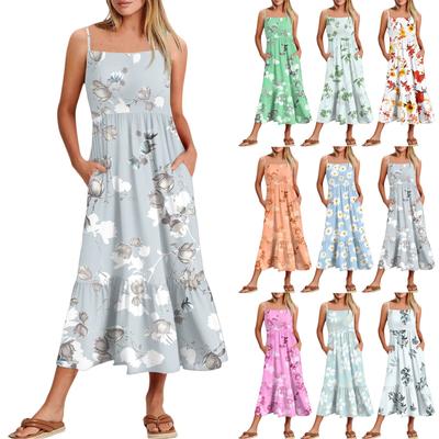 Women's Summer Spaghetti Strap Patchwork Beach Vacation Floral With Pocket Dresses