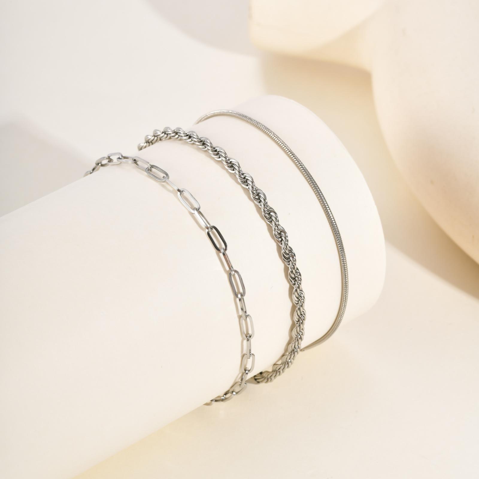 

3pcs Women Stainless Steel Thin Chain Bracelet, Waterproof Adjustable Twist Chain Wristband Bracelets, Fashion Punk Jewelry Set