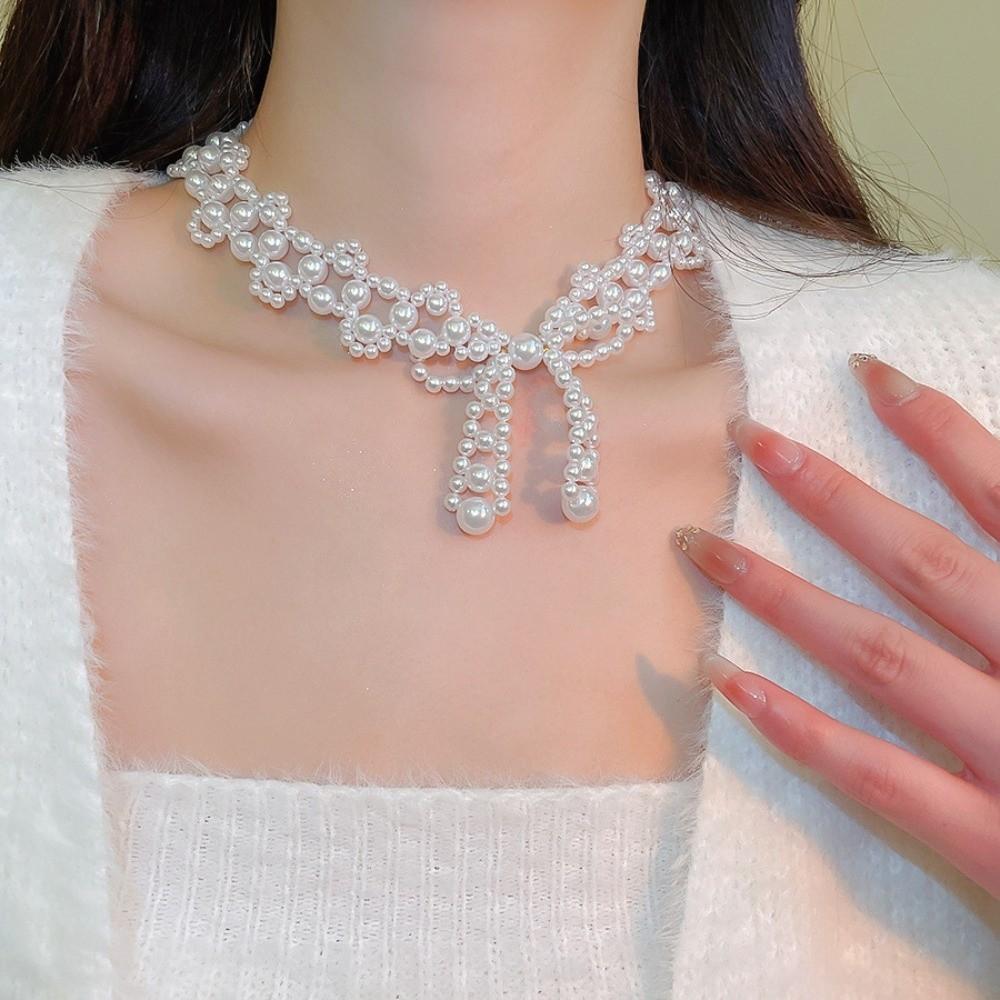 Bead Bow Necklace Imitation Pearl Collarbone Chain Sweet Clavicle Chain Women  Ladies