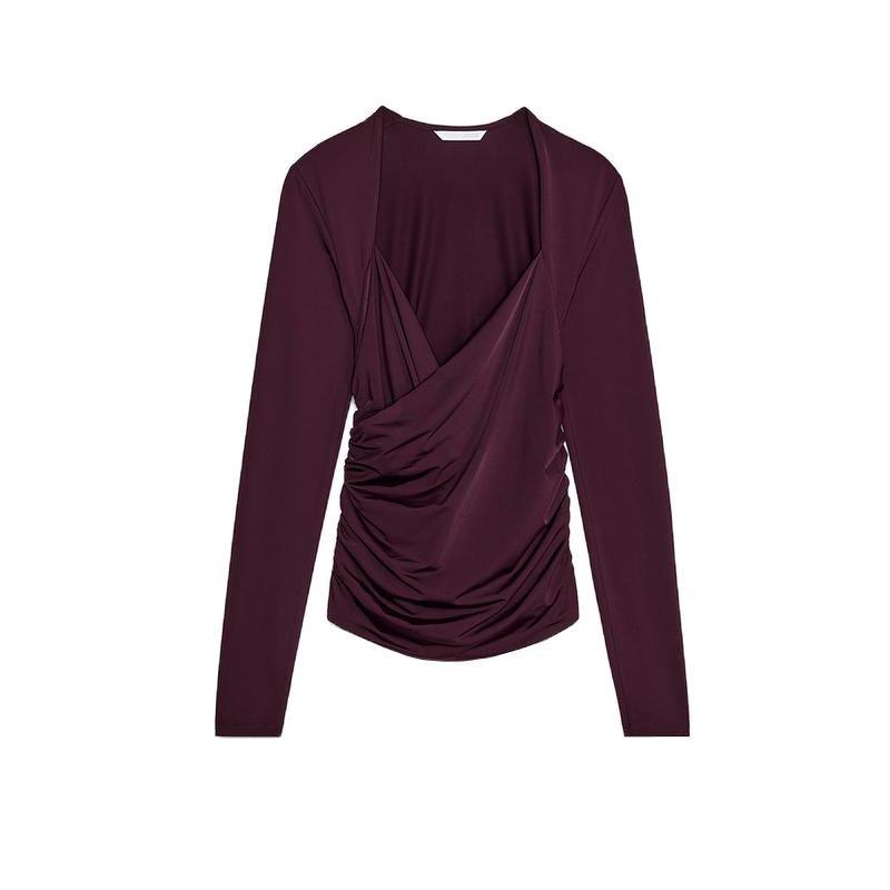Spring New Women's Clothing Fashion Pure Desire Wind Minimalist Nylon Ruched Long Sleeves Vertical Collar Top 3641315