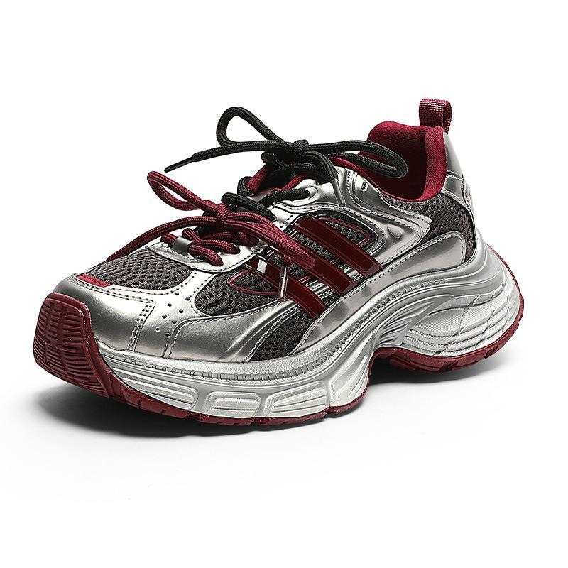 Thick-soled heightening small sports shoes women's spring new leather splicing mesh breathable casual dad shoes