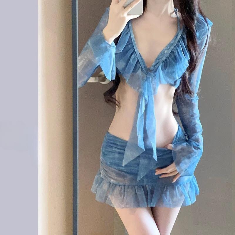Elegant Blue Tie Dye Swimsuit Set with Ruffle Sheer Long Sleeve Top Mini Skirt Modest Swimwear for Beach Pool Vacation