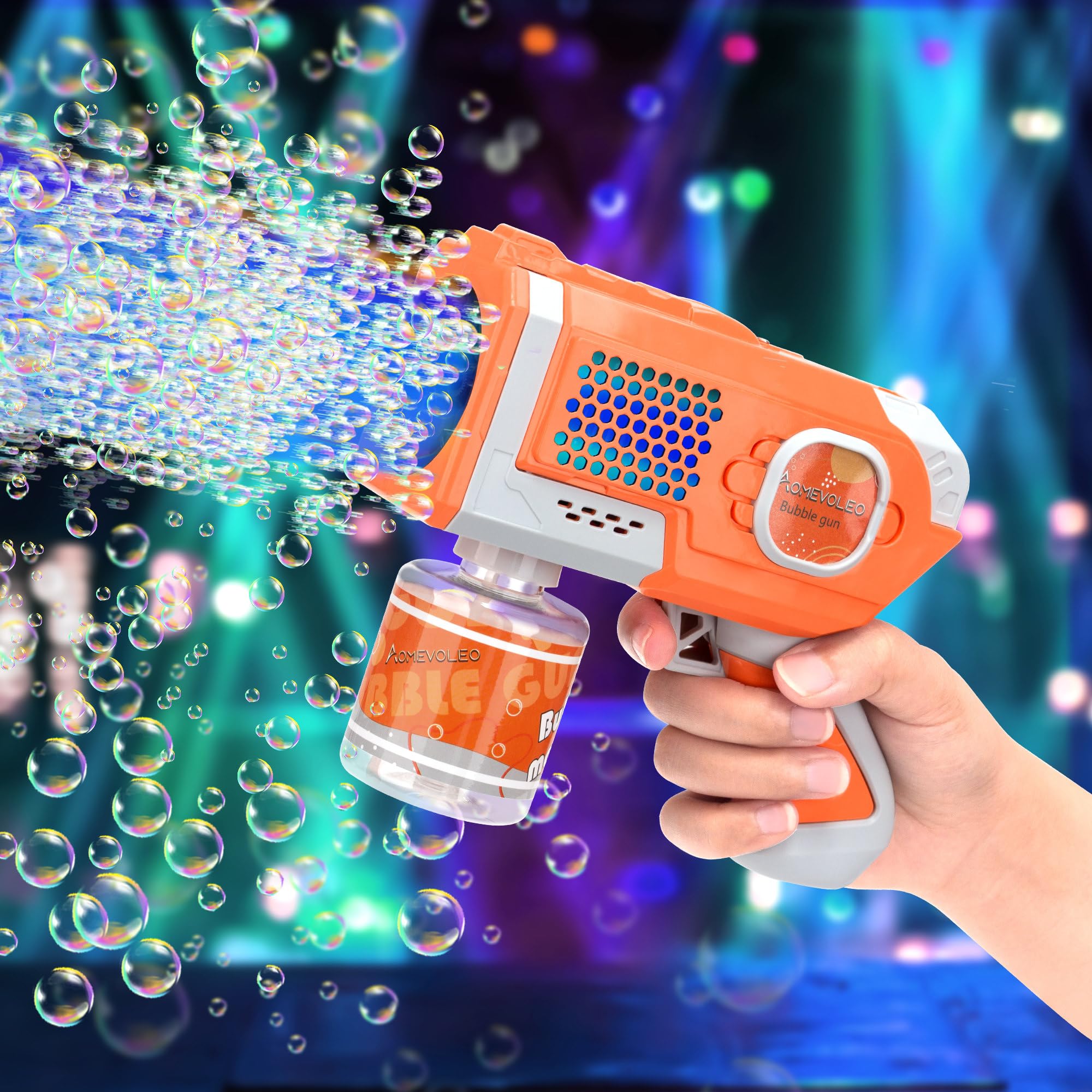 

AOMEVOLEO Electric Bazooka Bubble with LED Kids Toy for Outdoor and as a Gift Gun, Automatic, Leak-Proof, Light, Play, Picnics, Camping, Weddings,