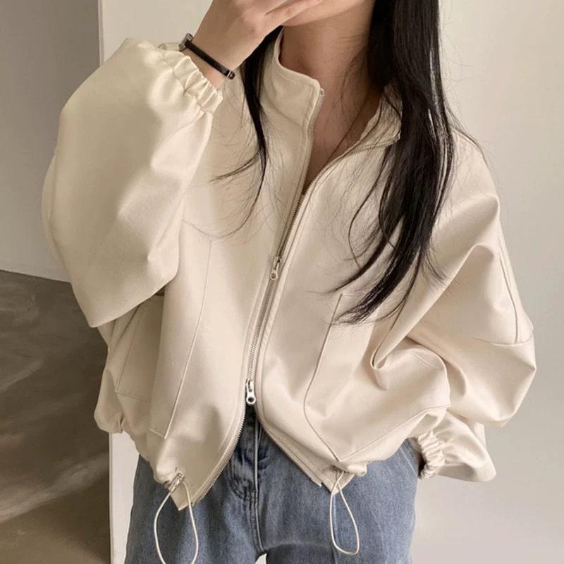 Korean Stand Collar Zipper Motorcycle Leather Jacket with Pockets & Drawstring for Women