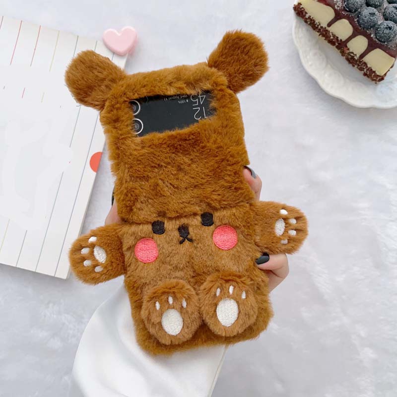 Cartoon Cute Bear Design Autumn and Winter Long Plush TPU Mobile Phone Fold Cover Case for Samsung Galaxy Z Flip 3 4 5 6