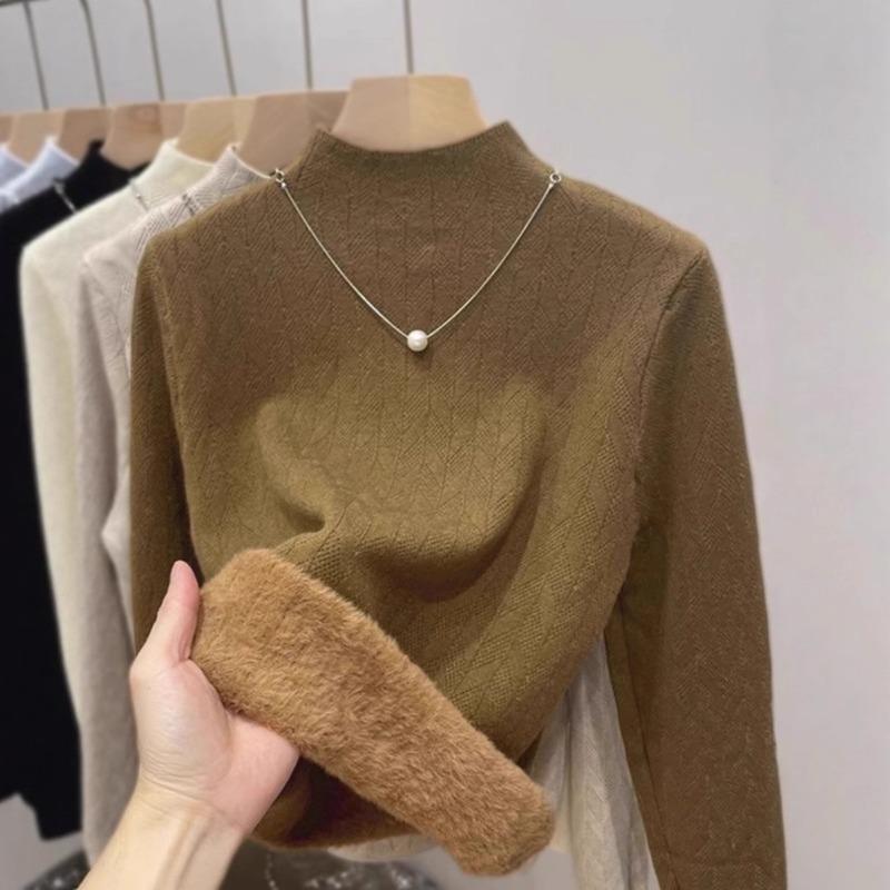 Semi-turtleneck fleece thickened integrated fleece sweater women's autumn and winter new inner bottoming shirt thermal top
