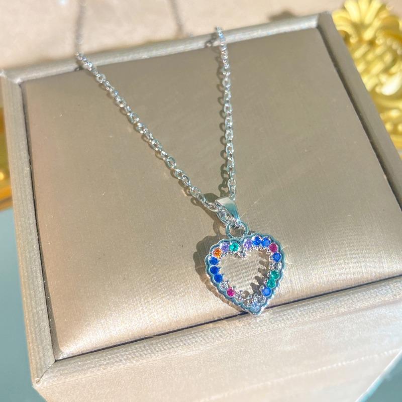 Women Colorful Full Zircon Heart Shaped Titanium Steel Clavicle Necklace