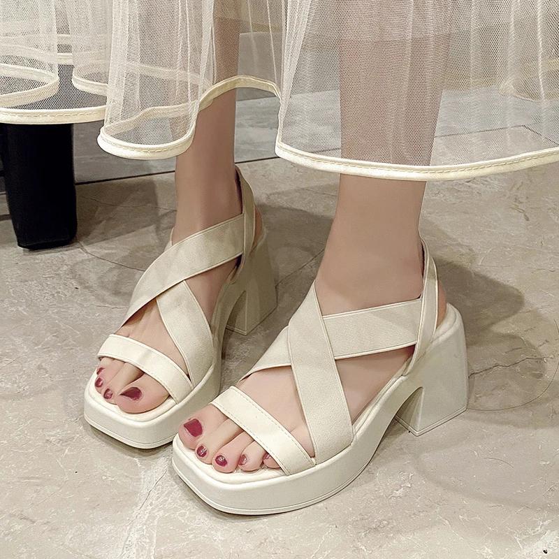 Fashion 2025waterproof platform, summer new style, thick heel, square head, toe exposed, Roman, retro, black, French women's sandals
