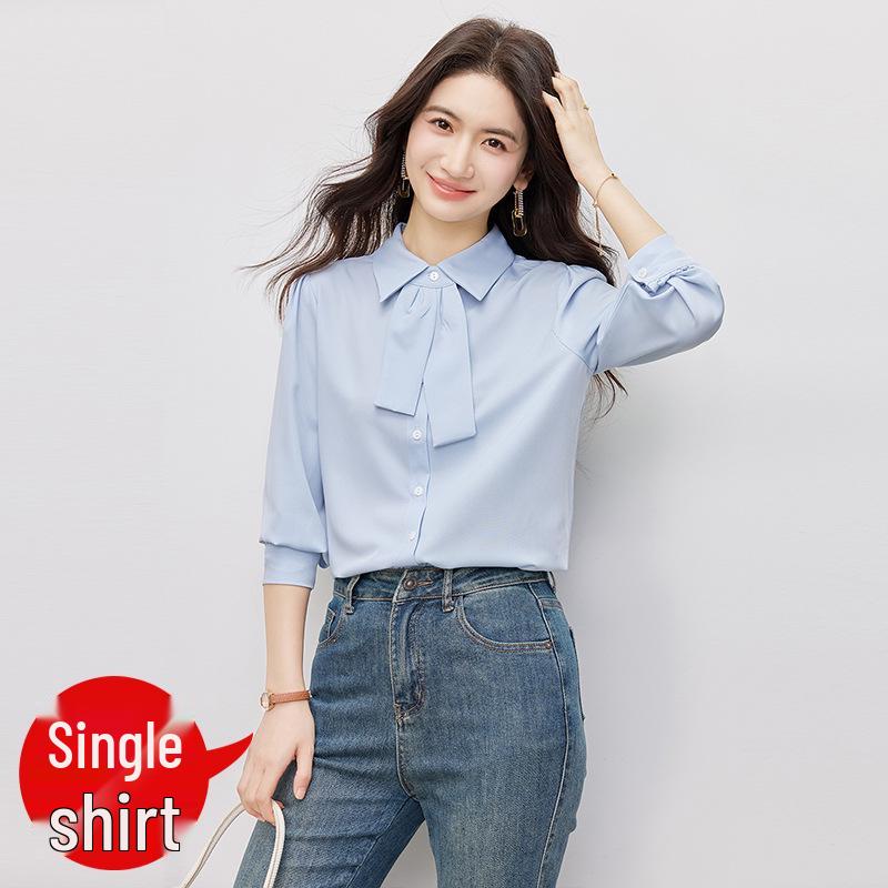 Women s Blue Acetate Satin Chiffon Bow Tie Shirt - New for 2026 Spring/Autumn 2XL