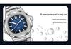 Jin Shidun Men's Luminous Quartz Skeleton Watch with Steel Band and Date Display.